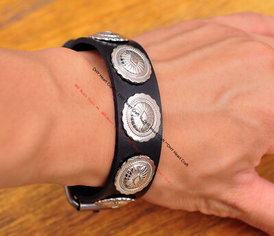 #ad Southeast Tribal Flower Concho Handmade Veg Tan Leather Bracelet Wristband Cuff