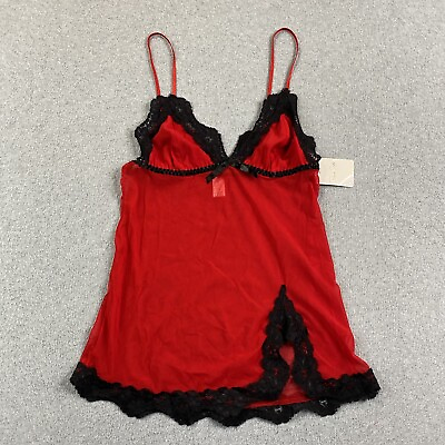 #ad NEW Rene Rafe Lingerie Top Medium Babydoll Sheer Lace Stretch Red Sexy Adult NWT
