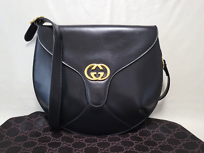 #ad *Rare* GUCCI Shoulder Bag GG Interlocking Black Leather Purse Vintage Auth