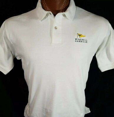 #ad Windmill Harbour Marina SC White Embroidered Polo Shirt Cotton Made USA X Large