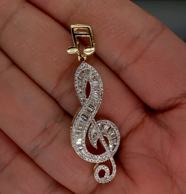 #ad 2Ct Baguette Lab Created Diamond Music Note Pendant Men#x27;s 14K Yellow Gold Plated