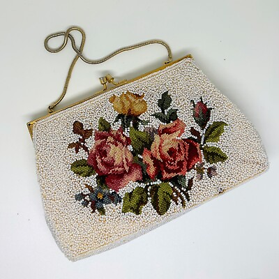 #ad Antique Microbead Floral Embroidered Purse Seed Bead Needlepoint Roses Bridal