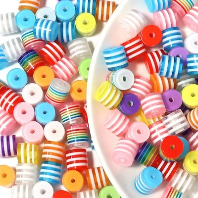 #ad 300pcs 8mm Resin Stripe Beads Mixed Colors Cylinder Rainbow Beads for Jewelry...