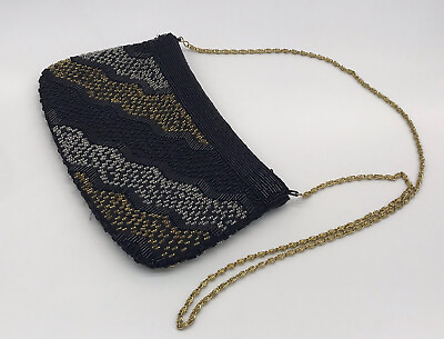 #ad Vintage La Regale Beaded Handbag Purse Evening Bag Black Gold Silver