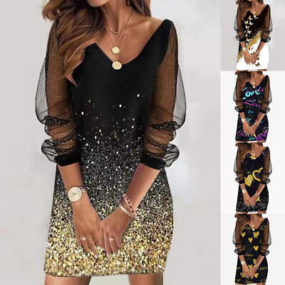 #ad Plus Size Women V Neck Mesh Sleeve Mini Dress Evening Cocktail Party Shirt Dress