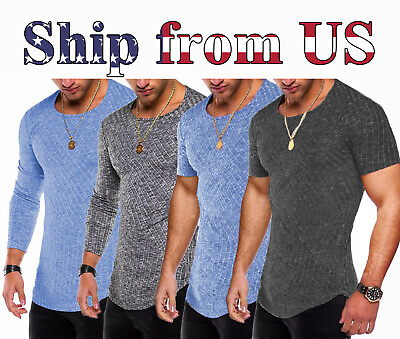 #ad Men Casual Sport Round Neck Long Sleeve Slim Fit Top T Shirt Muscle Gym Active
