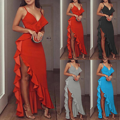 Womens Sexy V Neck Bodycon Stappy Split Dress Ladies Cocktail Party Evening Gown $18.79
