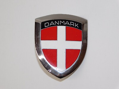 #ad Vtg Danmark Badge Rally Race Car Emblem Shield Crest Grille Enamel Chrome Part