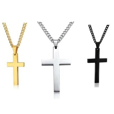Cross Pendant Necklace Stainless Steel Plated Silver Gold Men Women Cuban Chain