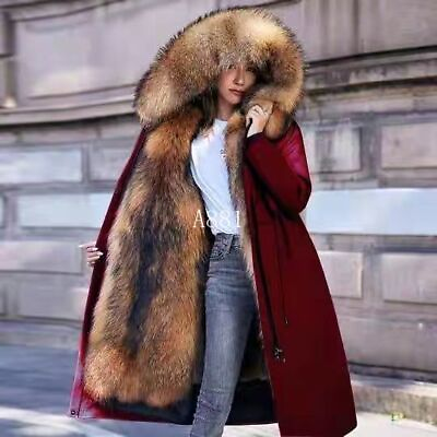 #ad Thickened Womens Warm Winter Detachable Overcoat Fur Lined Faux Fur Parka