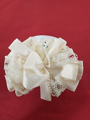 #ad Vtg 1990#x27;s Hair Clip OVERSIZED BOW CREAM SATIN RIBBON LACE FAUX PEARL *142 c