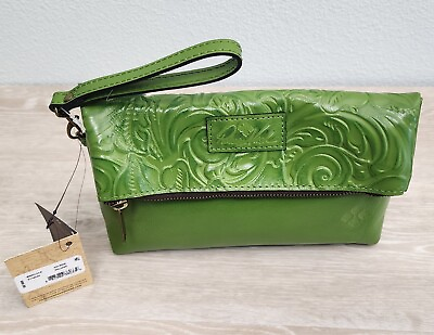 #ad PATRICIA NASH Valerie Foliage Green Tooled Fold Over Leather Clutch Wristlet New