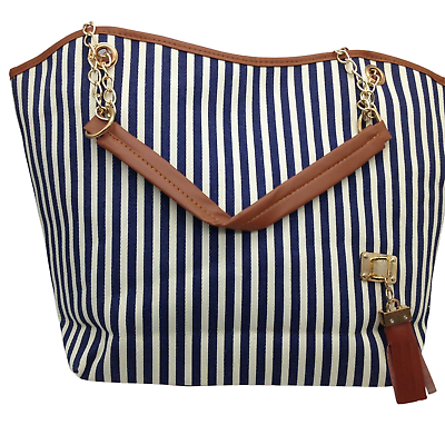 #ad Fashion Stripe Design Women Tote Shoulder Canvas Bag Handbag