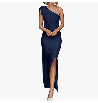 #ad PRETTYGARDEN Womens Navy One Shoulder Long Formal Dress Sleeveless Ruched Large