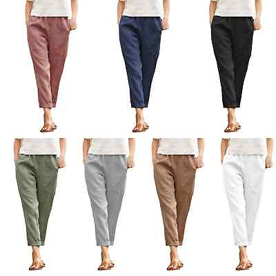 #ad Summer Women#x27;s Solid Casual Pants High Rise Straight Leg Cotton Long Trousers