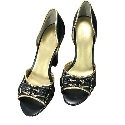 #ad Nine West Women Shoes Black Leather Gold Trim Peep Toe Heels US Size 7.5