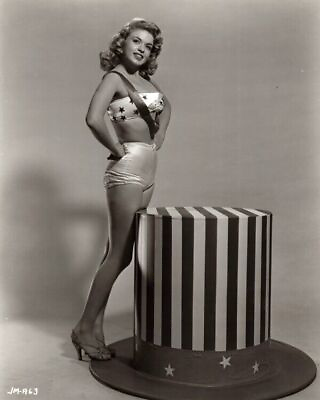 #ad Jayne Mansfield patriotic in stars bikini by large Lincoln top hat 8x10 photo