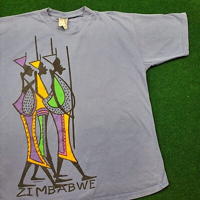 #ad Vintage Zimbabwe Shirt Mens M Blue Africa Graphic Crewneck Cotton Short Sleeve