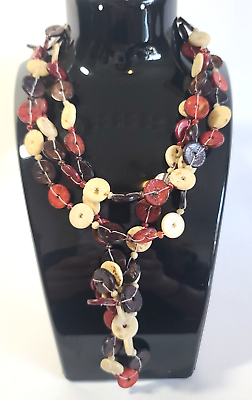 #ad Vintage Statement Brown Red Cream Flat Disc Beaded Necklace Boho Layer Chunky