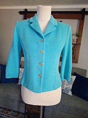 #ad St. John Collection By Marie Gray Blazer Size 4 Teal with Lace Crochet Accent