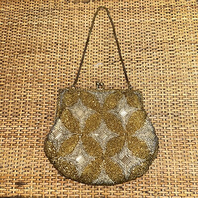 #ad Vintage Gold Beaded Walborg 5.5”Clutch Kiss Lock Evening Bag Made In Hong Kong