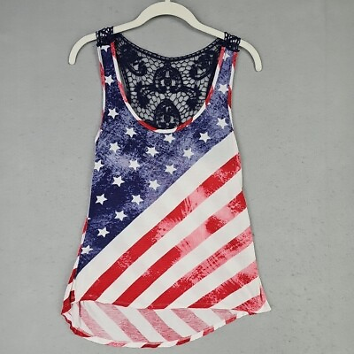 #ad Rue 21 American Flag Tank Womens XS Rayon Lace Combo Red White Blue USA American