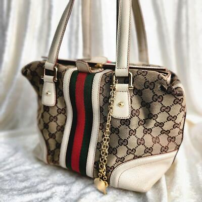 #ad GUCCI Handbag Shoulder Bag Sherry Line GG Canvas White Leather Authentic MBa0355