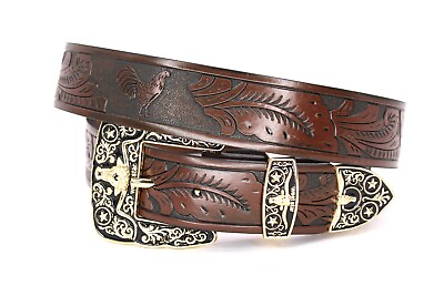 #ad Western Belt Leather Gold Longhorn Bull Rooster Coffee Belt for Pants Size 42