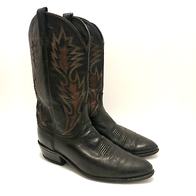 #ad DAN POST Western Cowboy Boots Men#x27;s 10.5 D Black Brown Stitched Rockabilly