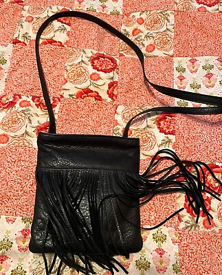 #ad Margot Black Leather Fringe Mini Crossbody Bag