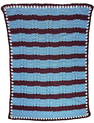 #ad Blanket Afghan Crochet Knit Blue Burgundy Stripe Handmade Homemade 32x46quot;