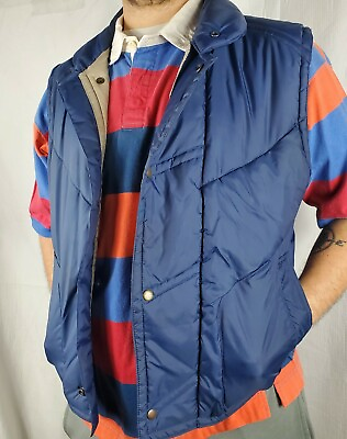 #ad Vintage Ozark Trail Navy Blue Puffer Puffy Vest Coat Medium Blue Snap w Pockets