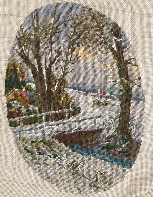 #ad Fine Needlepoint Tapestry Lake Cabin Light House Winter Scenic Creek Vtg 1960s