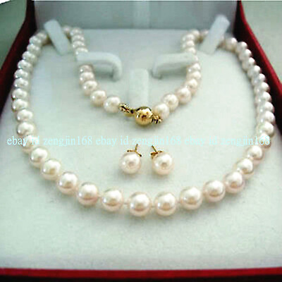 #ad 16 24#x27;#x27; High Quality 9 10MM White Cultured Pearl Necklace Earrings Set 14K Clasp