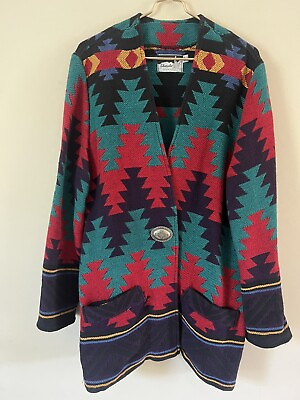 #ad Vtg Silverado Southwestern Aztec Womens Pattern Blanket Wrap Jacket Coat Medium