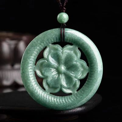 #ad Pendant Natural Burma A Jadeite Hand carved Hollow peony garland Statue.