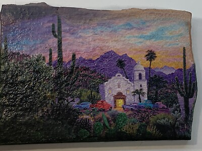#ad Beautiful Painted Desert Scene Church Mountains Cactus on Slate or Cement Slab