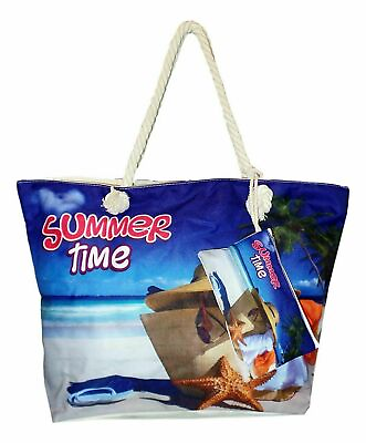 Large Zippered Beach Canvas Beach Tote Bag with Matching Pouch and Rope Handles $14.99