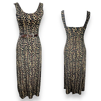 #ad Vintage Womens 90s Y2K Cheetah Print Sleeveless Slinky Midi Dress Small S