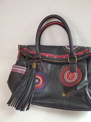 #ad Desigual Handle Bag Brown Embroidered Western Zip Top Handbag.