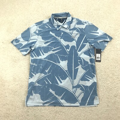 #ad Adidas Polo Shirt Mens Medium Mesh Palm Leaf Pattern Blue New Golf