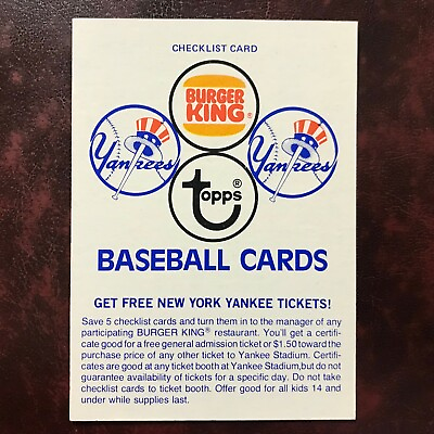 #ad 1977 Topps Burger King Set YANKEES navy blue CHECKLIST CARD UNMARKED NR MINT
