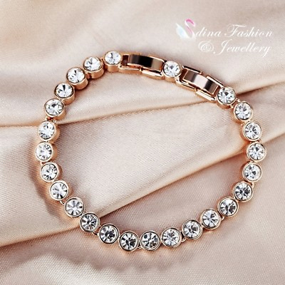 #ad 18K Rose Gold Filled Made With Swarovski Crystal Round Cut Tennis Bracelet