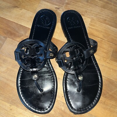 #ad Tory Burch Black Miller Vega Leather Sandal Sz 8m Excellent Condition