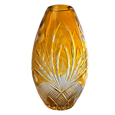 #ad Vintage Cut To Clear Amber Glass Vase Bohemian Crystal Yellow Cut Glass 10quot;