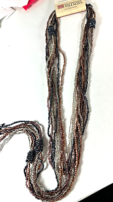 #ad Ten Thousand Villages Museum Necklace Tassel Seed Bead Extra Long Gray Pink