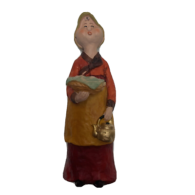 #ad Handmade Funny Lady With Teapot Basket Vintage Clay Figurine