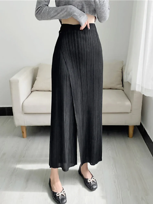 #ad Women Pleated Ankle length Pants Elastic Waist Wide Leg Straight Trsouser Loose