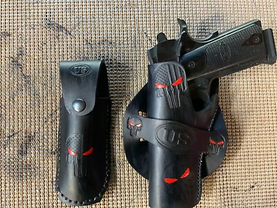 #ad Handmade Leather LEFT HAND Holster 1911 Red Eye Punisher amp; Pouch Custom Carving