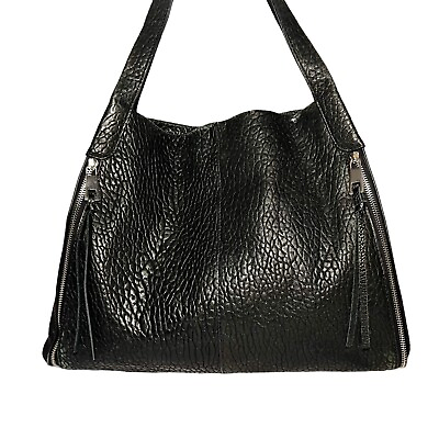 #ad Kenneth Cole Black Pebbled Leather Shoulder Bag Hobo Handbag Purse Double Handle